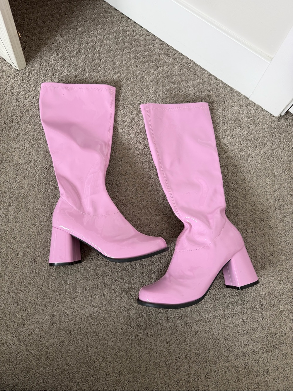 Pink Patent Mid-Calf Block Heel Boots - Women Shoes